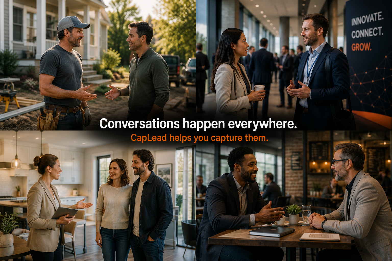 Four everyday settings where business conversations start: job site, event, property and cafe