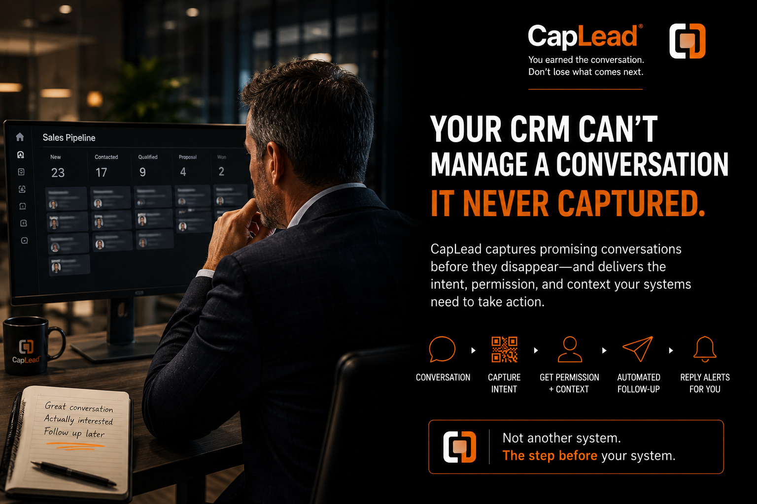 A salesperson reviewing a CRM dashboard that never captured the conversation