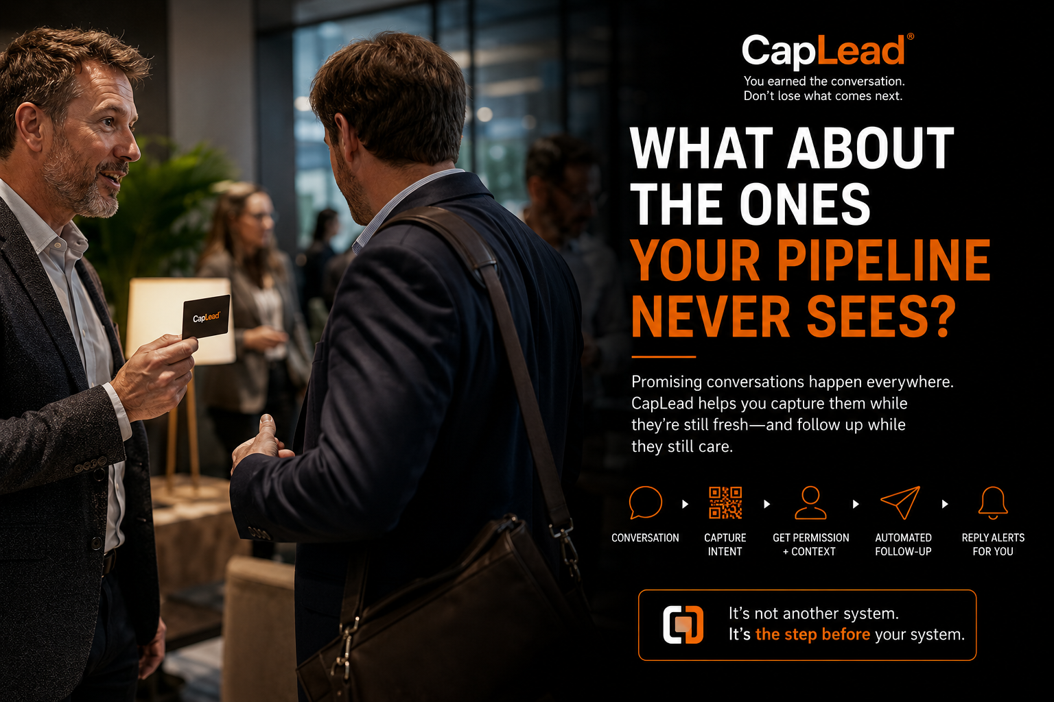 Professionals talking in a lobby — the conversations a sales pipeline never sees