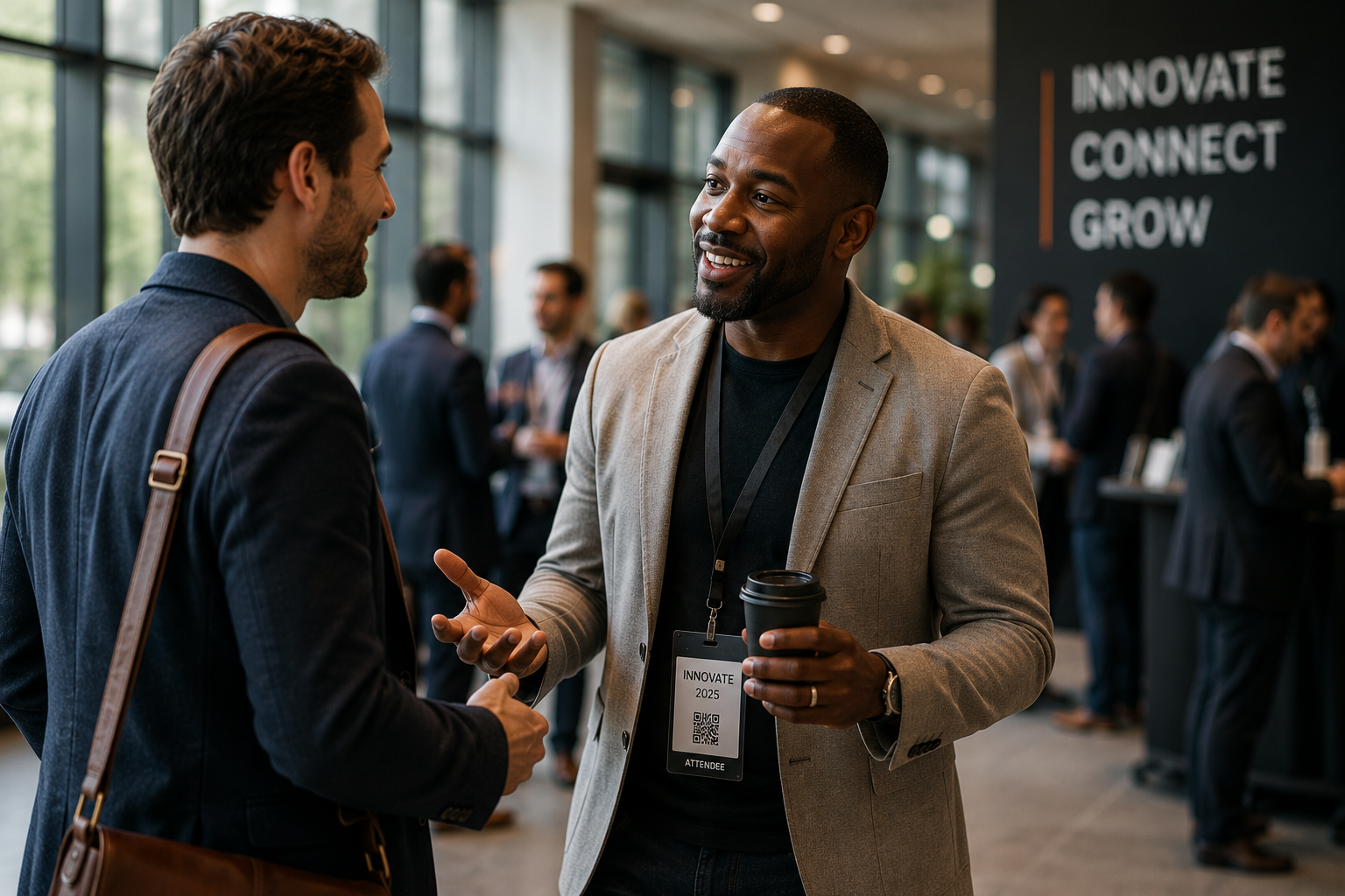 Two professionals having a real conversation at a networking event